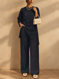 Women Lounge Pleated Two Piece Set Long Sleeve Top Wide Leg Pants