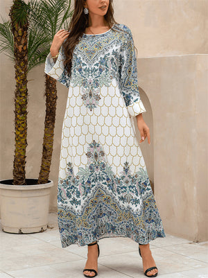 Women's Retro Elegant Printed Beads Round Neck Muslim Robe Dress