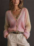 Women' s Color Block Ombre Fuzzy Mohair V Neck Scalloped Button Cardigan