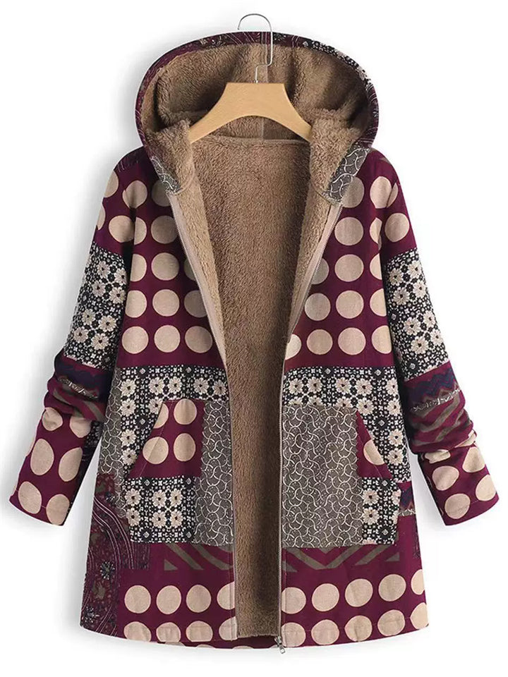 Women's Vintage Polka Dots Printed Contrast Color Fleeced Lining Hooded Coats