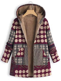 Women's Vintage Polka Dots Printed Contrast Color Fleeced Lining Hooded Coats