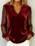 Velvet V Neck Mesh Polka Dot Sheer Lantern Sleeve Blouses for Women