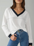 Women's Simple Contrast Trim V Neck Long Sleeve Sweatshirts