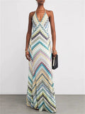 Female's Elegant Contrast Color Printed Party Slim Fit Halter Strap Dress