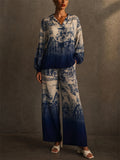 Womens Toile Print Wide Leg Flowy Two Piece Lounge Set