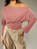 Ladies' Autumn Elegant Striped Sabrina Neck Long Sleeve Blouses