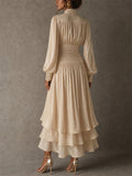 Women High Neck Long Sleeve Ruched Tiered Metallic Maxi Dress
