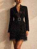 Women Black Feather Trim Party Blazer Dress with Rhinestone Belt