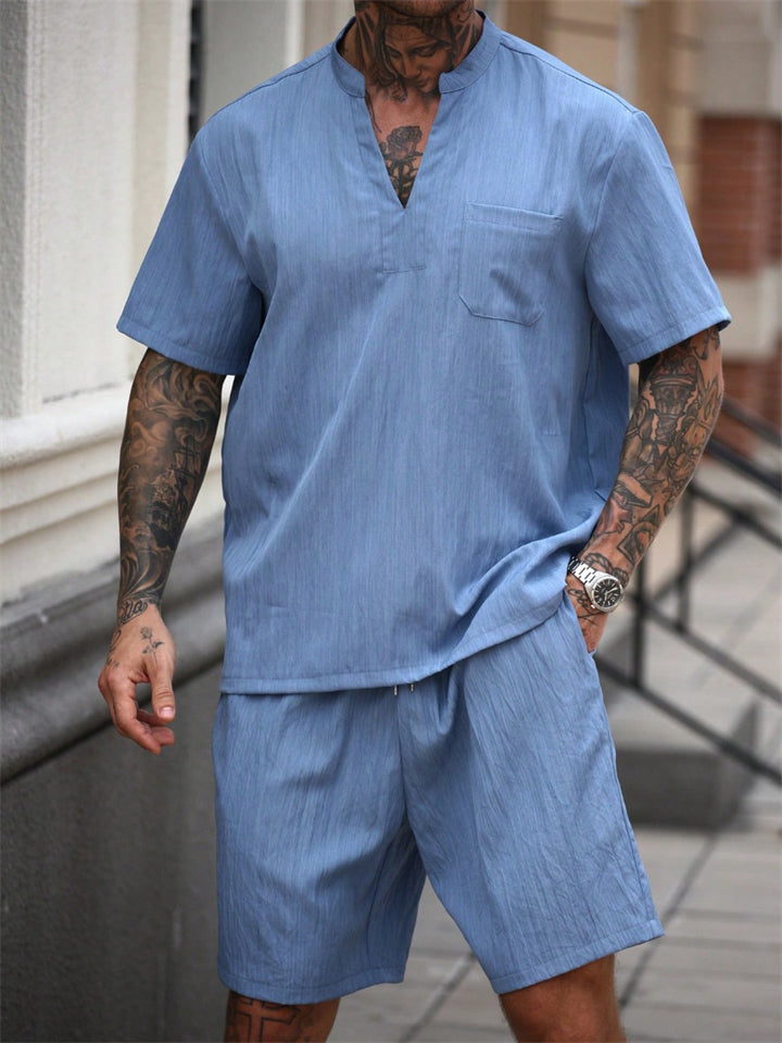 Men's 2Pcs Summer Solid Color V Neck Henley Shirts & Pants Set