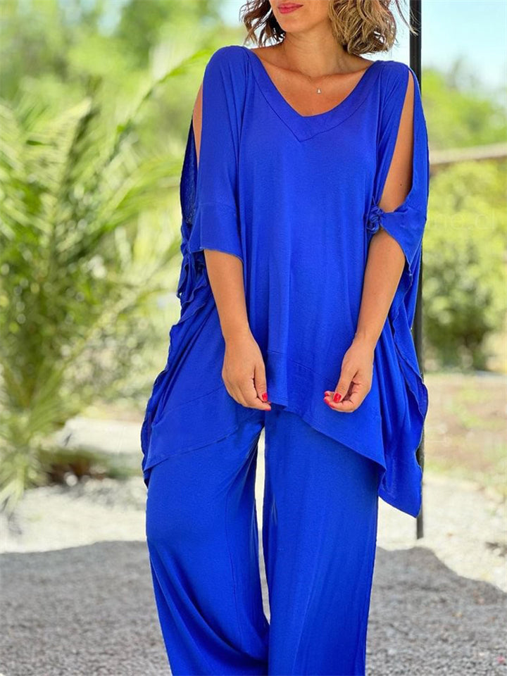 Women's 2Pcs Solid Color Shoulder Cut Lace Up Sleeve Shirt &Pants Set