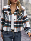 Women's Causal Contrast Color Plaid Pockets Waist Length Coat