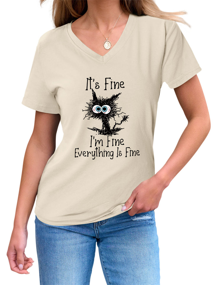 Women's IT'S FINE Letter Print V Neck Short Sleeve Shirts