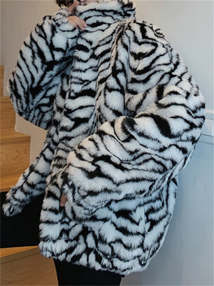 Men's Retro Winter Tiger Print Cardigan Faux Fur Coat
