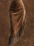 A‌utumn Boho Fringe Suede Asymmetric Maxi Skirt for Women‌