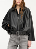 Women's Trendy Solid Color Zip Up Lapel Faux Leather Bomber Jackets