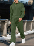 Men's Casual Solid Color Pit Stripe Drawstring Stand Collar Sweatshirts & Sweatpants Outfit