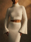 Women Fuzzy Turtleneck Wide Bell Sleeve Crop Sweater