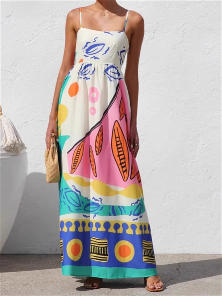 Women's Summer Holiday Style Printed Big Hem Strap Maxi Dress