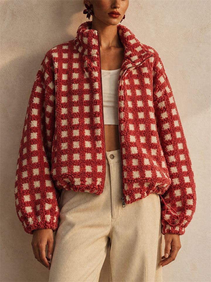 Women Casual Checkered Fleece Zip Up Oversized Teddy Jacket