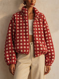 Women Casual Checkered Fleece Zip Up Oversized Teddy Jacket