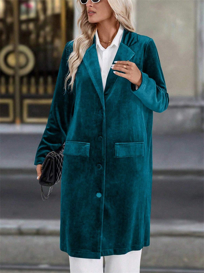 Women's Loose Fit Velvet Trench Coat Long Sleeve Single-Breasted Outerwear