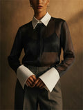 Womens Chic Sheer Shimmer Contrast Collar Cuff Pleated Blouse
