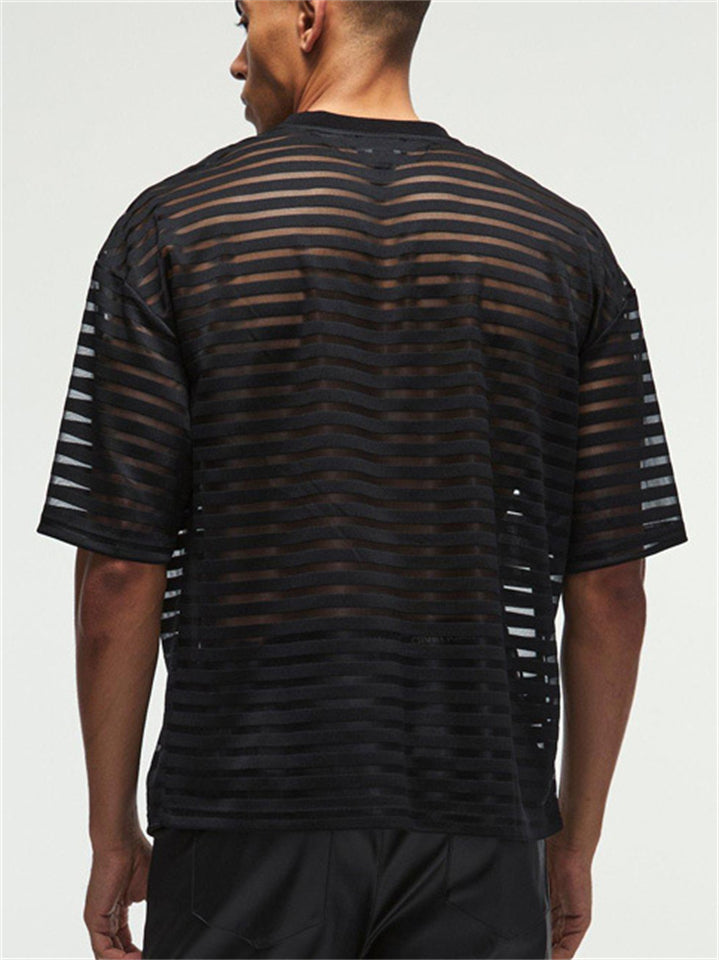 Men's Summer Sexy Black Semi Transparent Stripe Short Sleeve Shirts
