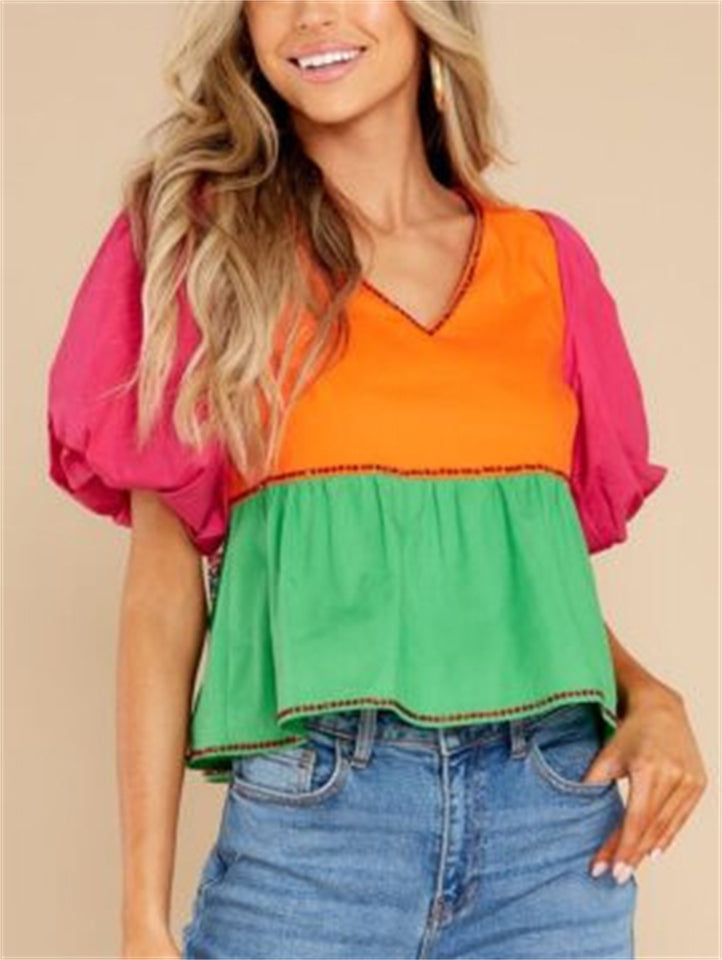 Women's Contrast Color Printed Patchwork V Neck Lantern Sleeve Blouses