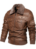 Men's Detachable Collar Faux Leather Biker Jacket Winter Motorcycle Riding Outerwear