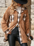 Women's Autumn Trendy Fleece Plaid Patchwork Long Sleeve Lapel Coat