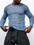 Male's Blue Texture Striped Long Sleeve Round Neck Undershirt