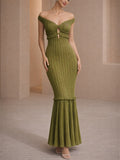 Women's French Style Keyhole Off Shoulder Knit Ruffle Mermaid Maxi Dress