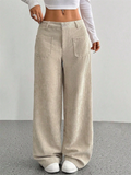 Women's Corduroy Solid Color Mid Rise Pockets Wide Leg Pants