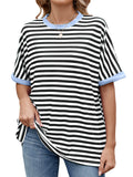 Women's Casual Contrast Color Striped Round Neck Short Sleeve T-Shirts