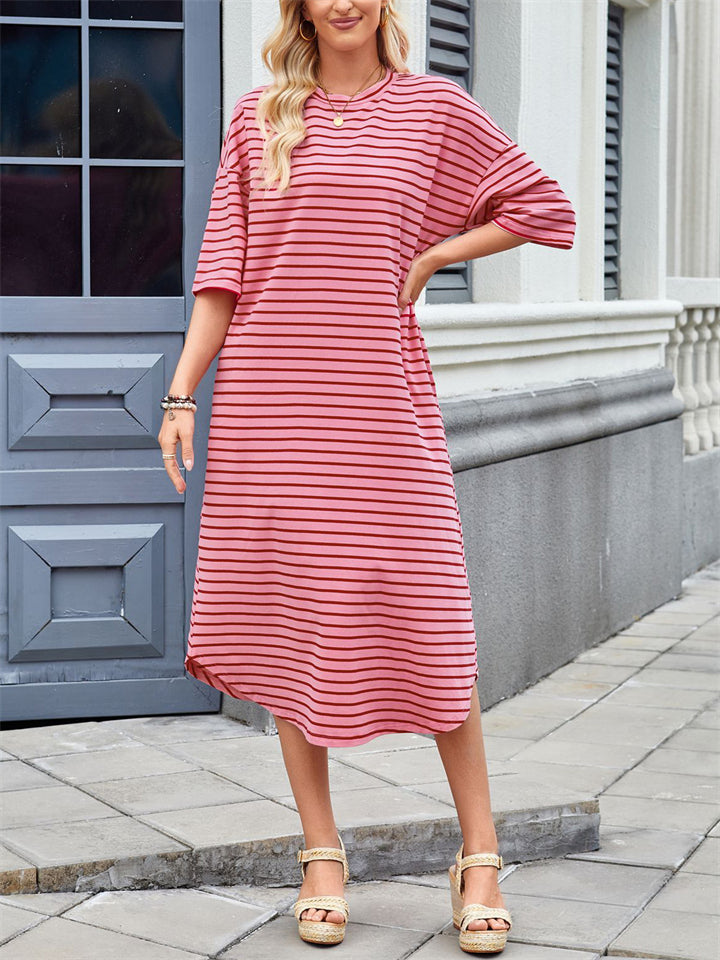 Women's Contrast Color Stripe Round Neck Midi Dress