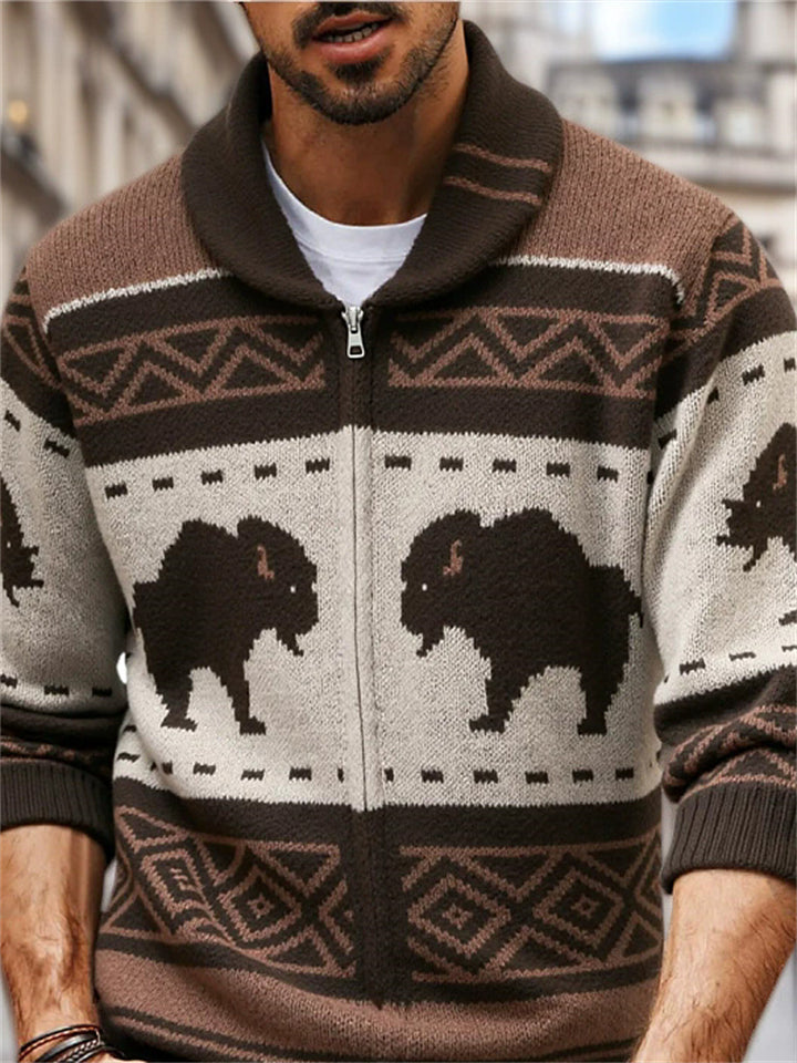 Men's Winter Street Retro Jacquard Zip Up Cardigan Sweaters