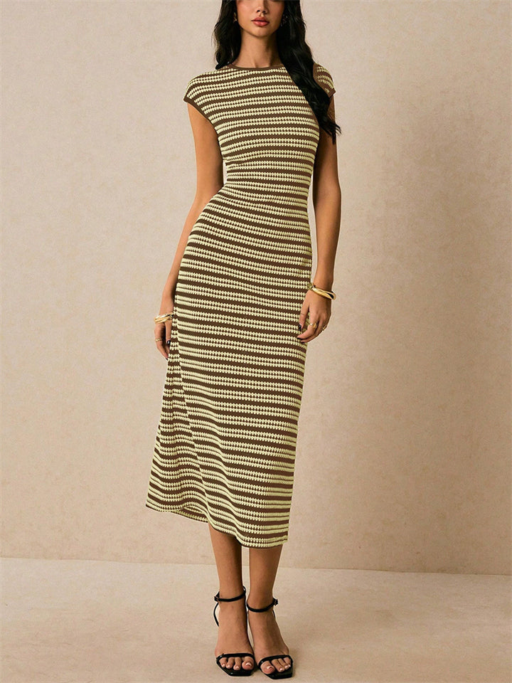Women Striped Knitted Midi Dress Sleeveless Slim Fit Casual Office Wear