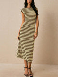 Women Striped Knitted Midi Dress Sleeveless Slim Fit Casual Office Wear