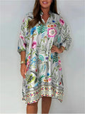 Women's V Neck Trendy Flowers Printed 3/4 Sleeve Dress