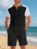 Men's Casual Waffle Contrast Color Comfy Beach Henry Shirt & Shorts Set