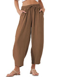 Women's Summer Solid Color Elastic Waist Casual Cropped Pants