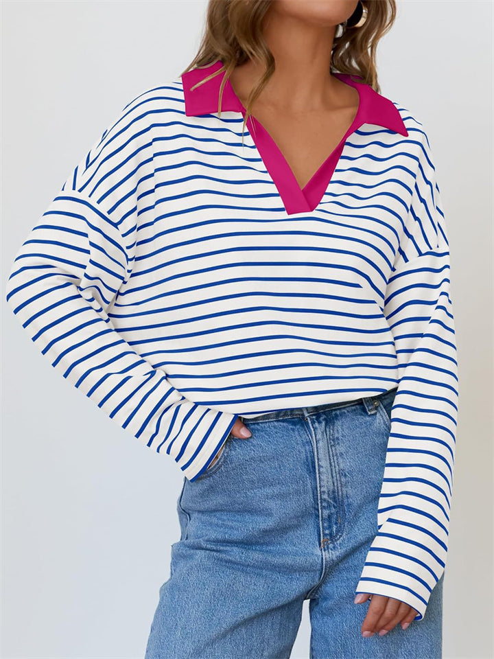 Women's Stripe Contrast Color V Neck Long Sleeve Shirts