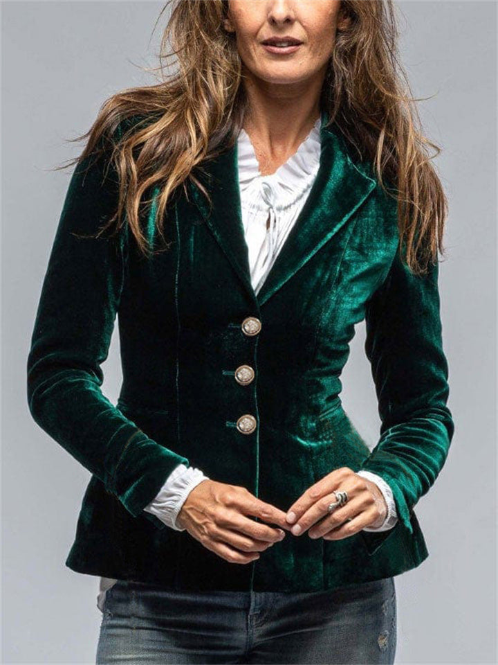 Ladies' Elegant Vintage Velvet Lapel Single Breasted Long Sleeve Coats