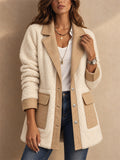 Women Color Block Fleece Button Down Teddy Jacket with Pockets