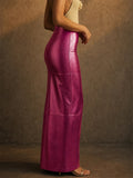 Women High Waist Metallic Faux Leather Slit Maxi Skirt
