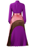 Women's Long Sleeve Tie Neck Pleated Maxi Dress With Belt