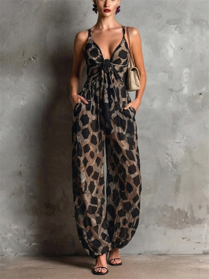 Womens V Neck Geometric Print Knot Front Harem Jumpsuit