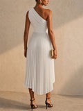 Women White One Shoulder Pleated Asymmetric Cocktail Dress