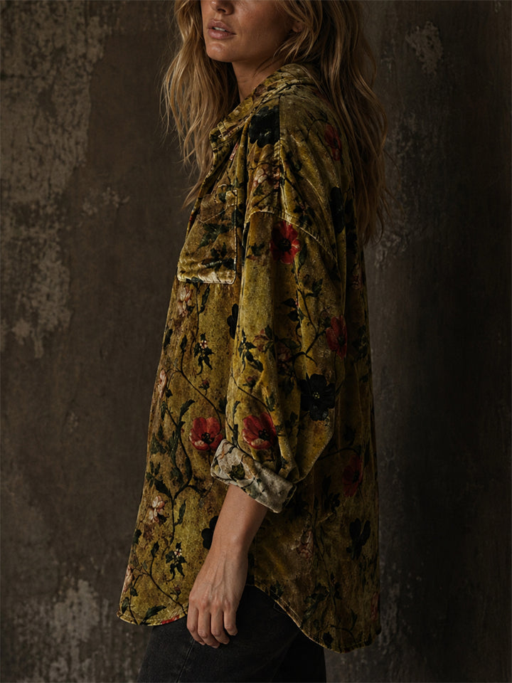 Women's Vintage Floral Print Velvet Oversized Button Down Shirt