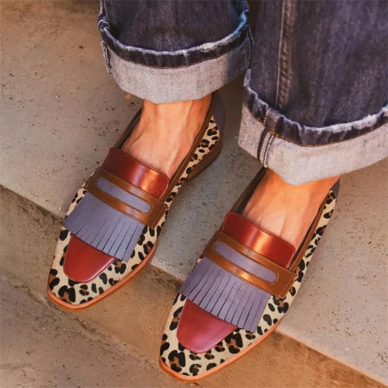 Women's Spring PU Leather Fringe Leopard Print Square Toe Flats Loafers